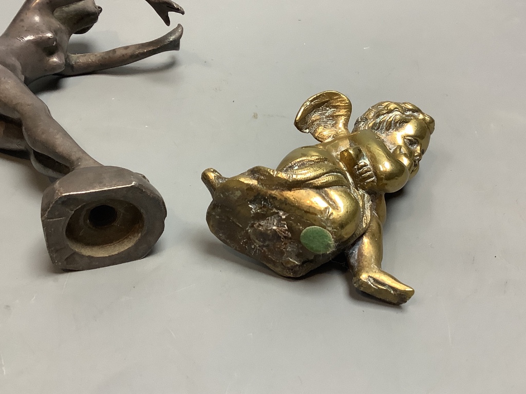 A car mascot of a lady, height 17cm, and a bronze cherub